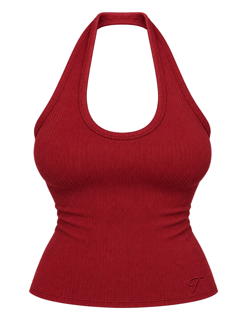 'Kiki' Deep Red Fuller Bust Cotton Ribbed Halter Tank