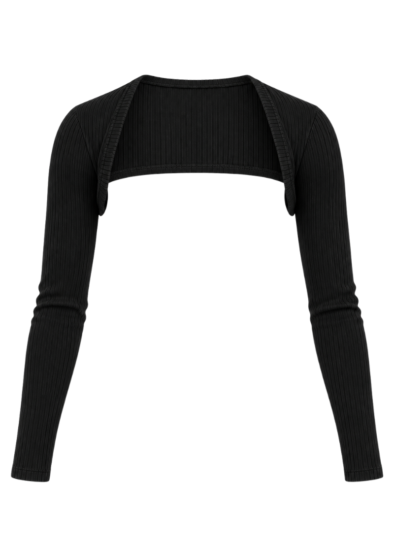 'Kiki' Black Long-Sleeve Ribbed Cotton Bolero Shrug