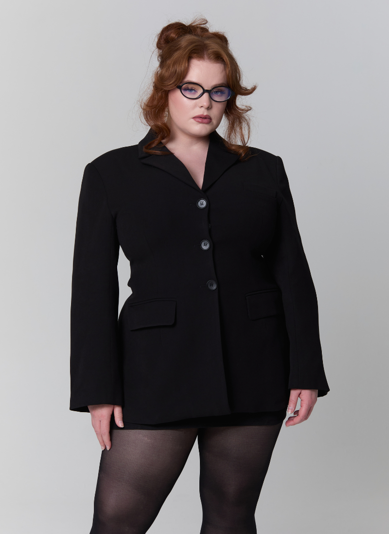 'Jax' Black Fuller Bust Tailored Cinch Waist Blazer Jacket