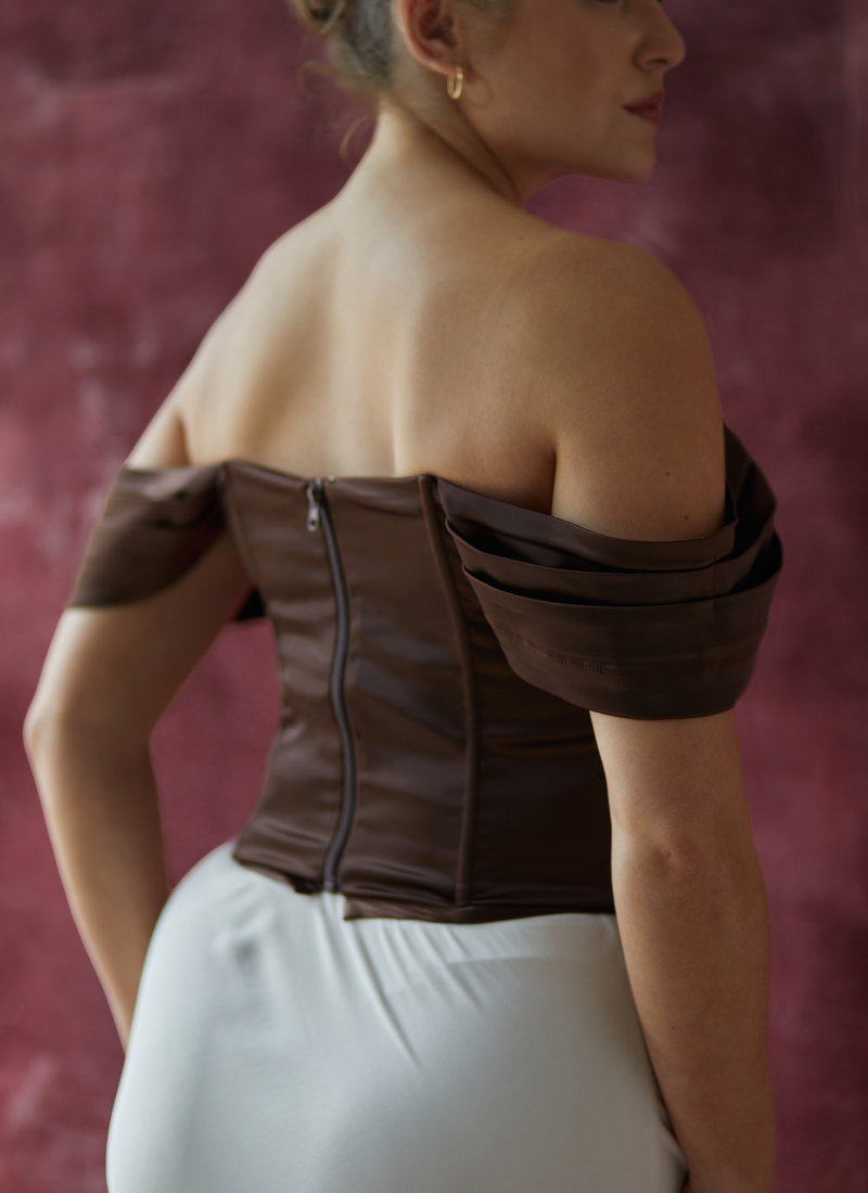 'Regina' Deep Chocolate Fuller Bust Off Shoulder Corset Top