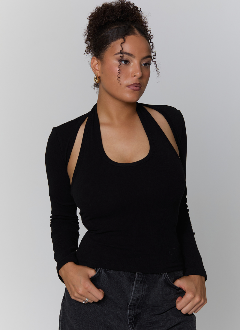 'Kiki' Black Long-Sleeve Ribbed Cotton Bolero Shrug
