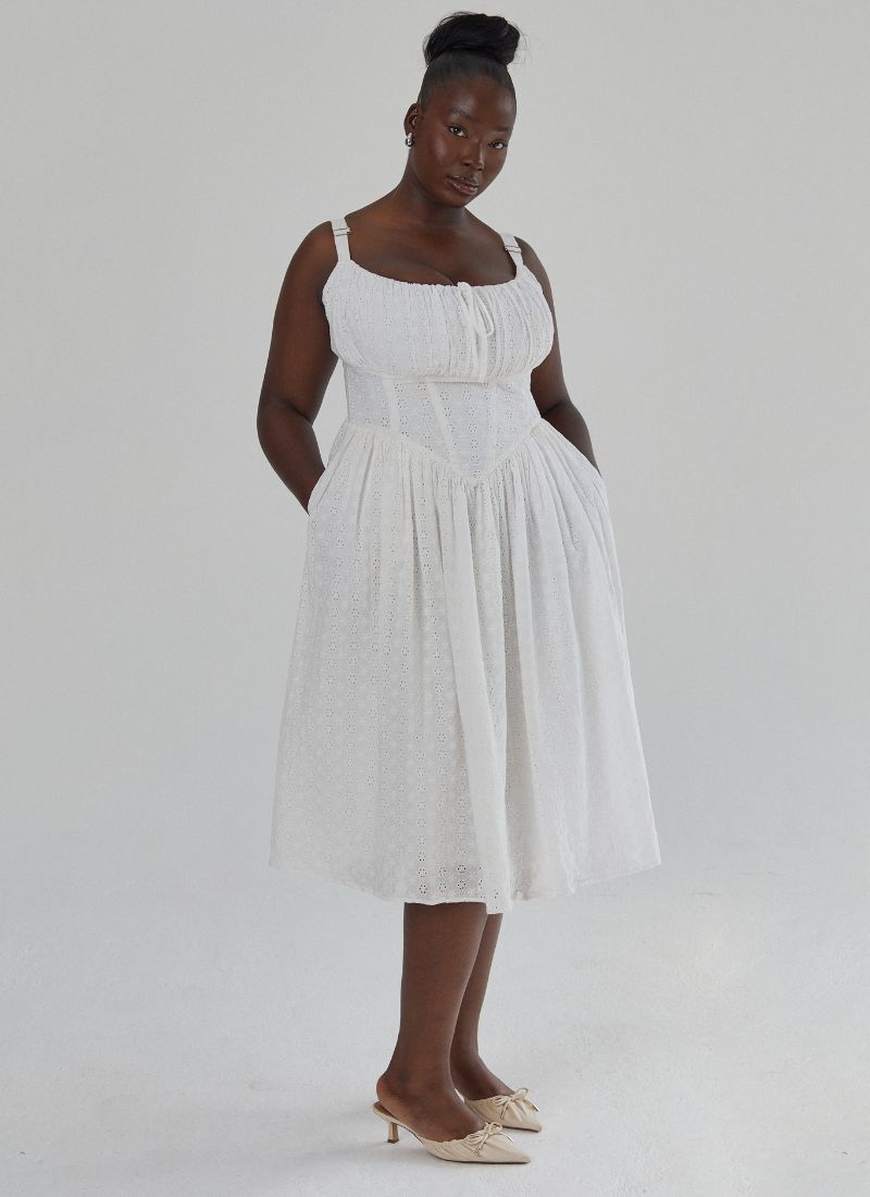 'Marie' Ivory Fuller Bust Midi Embroidery Dress