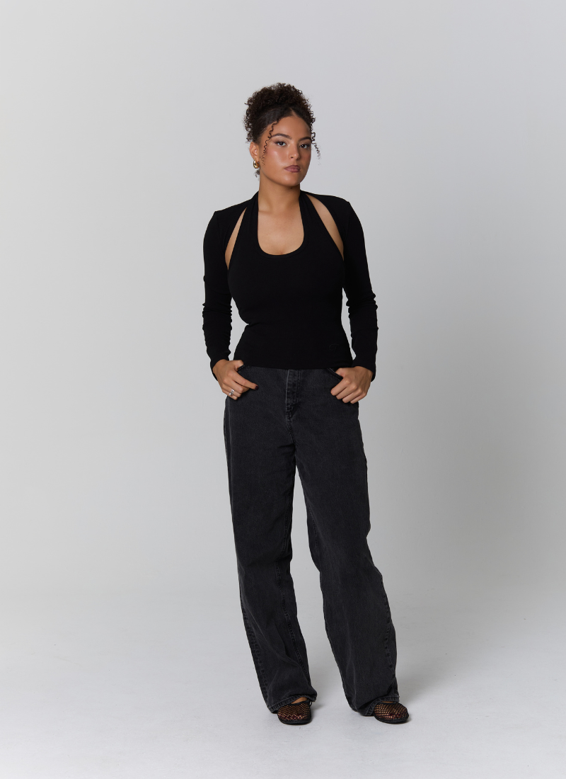 'Kiki' Black Long-Sleeve Ribbed Cotton Bolero Shrug