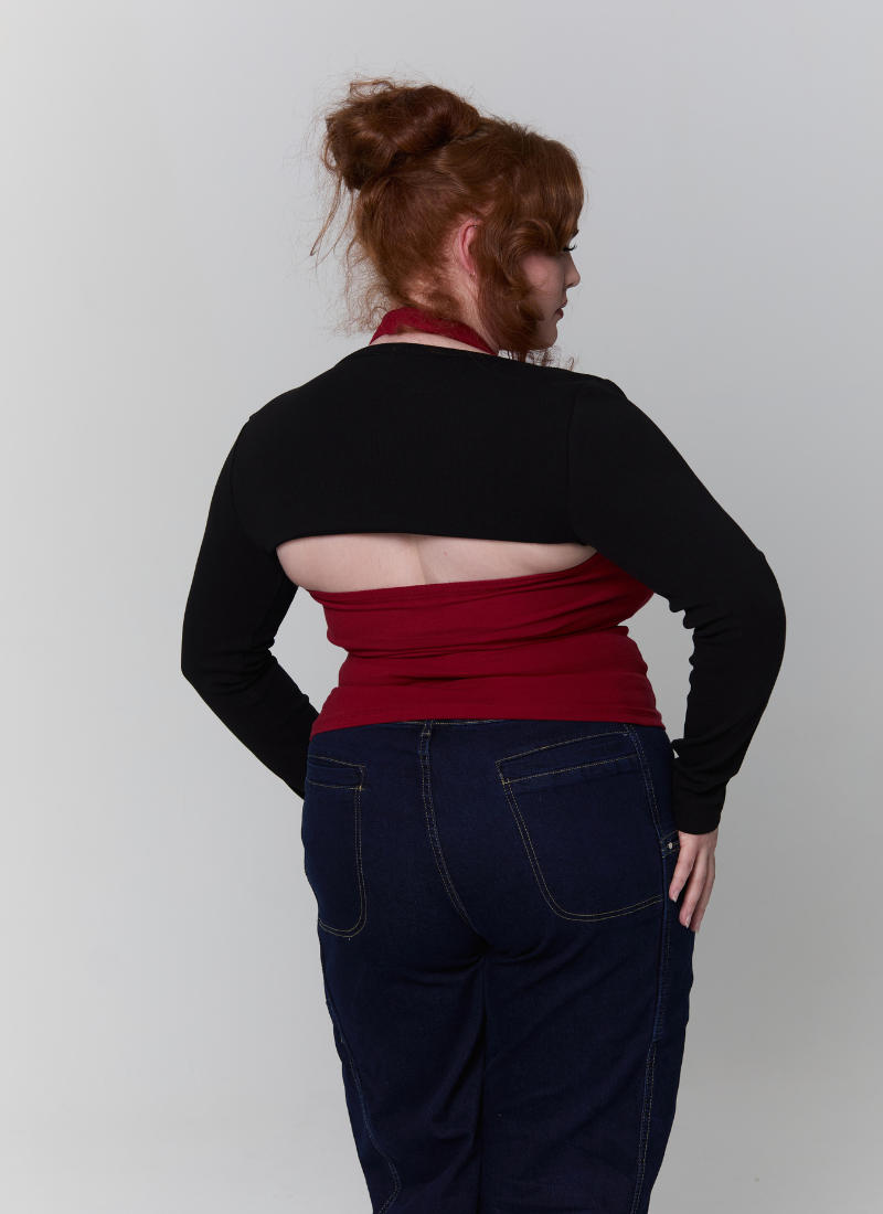 'Kiki' Black Long-Sleeve Ribbed Cotton Bolero Shrug