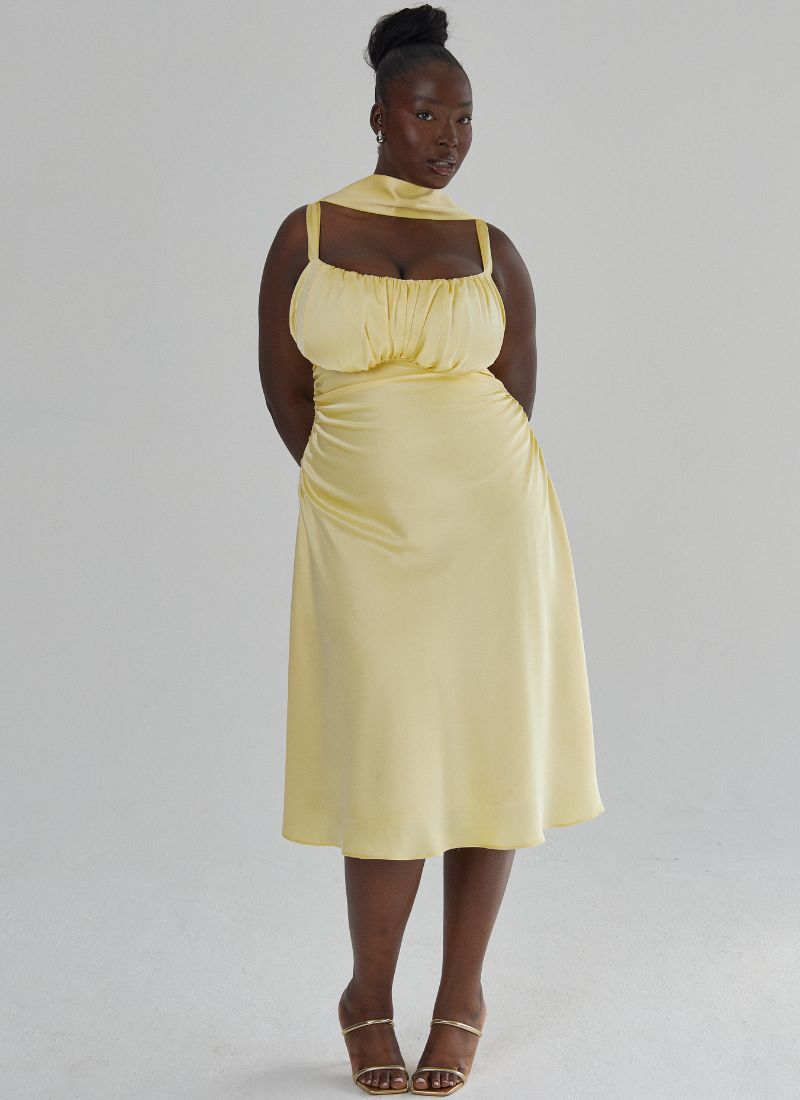 Adrienne' Butter Yellow Fuller Bust Satin Midi Dress