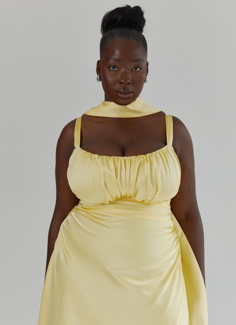 'Adrienne' Butter Yellow Fuller Bust Satin Midi Dress
