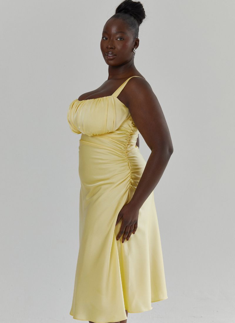 'Adrienne' Butter Yellow Fuller Bust Satin Midi Dress