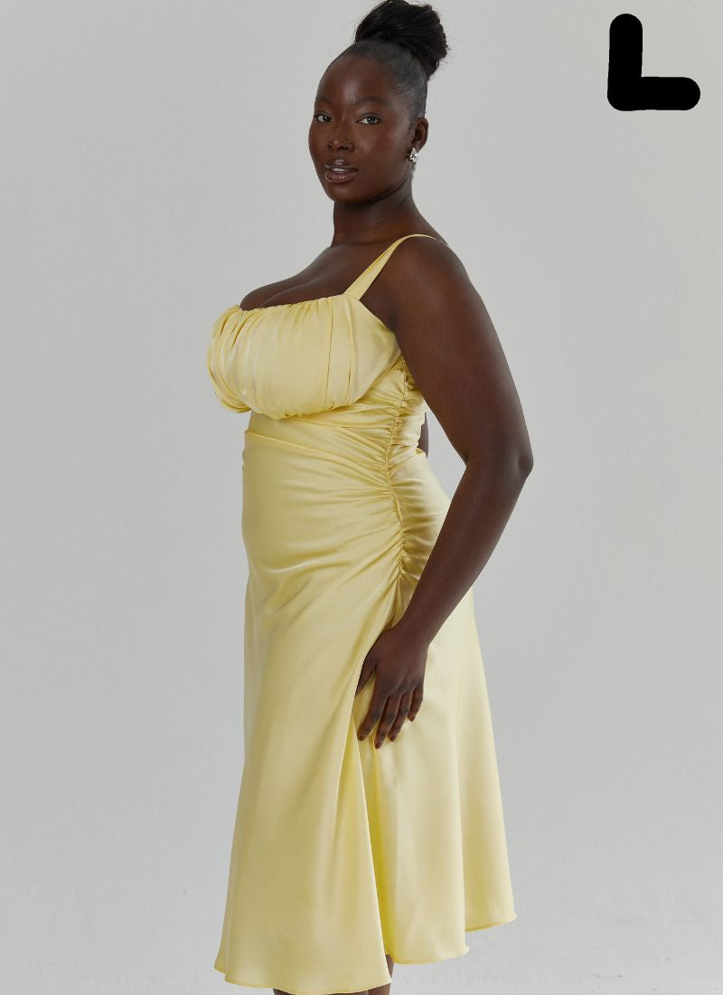 'Adrienne' Butter Yellow Fuller Bust Satin Midi Dress
