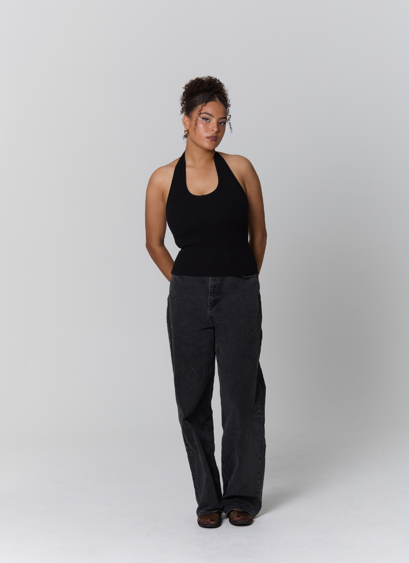 'Kiki' Black Fuller Bust Cotton Ribbed Halter Tank