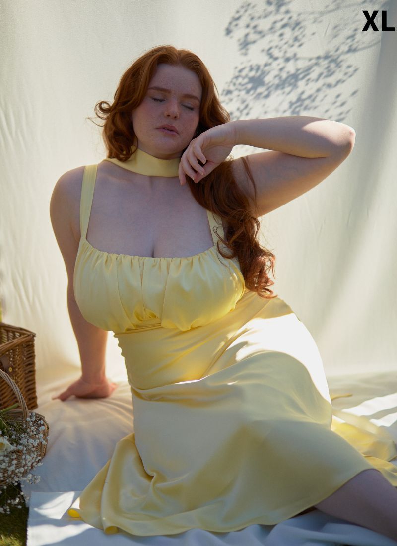 'Adrienne' Butter Yellow Fuller Bust Satin Midi Dress