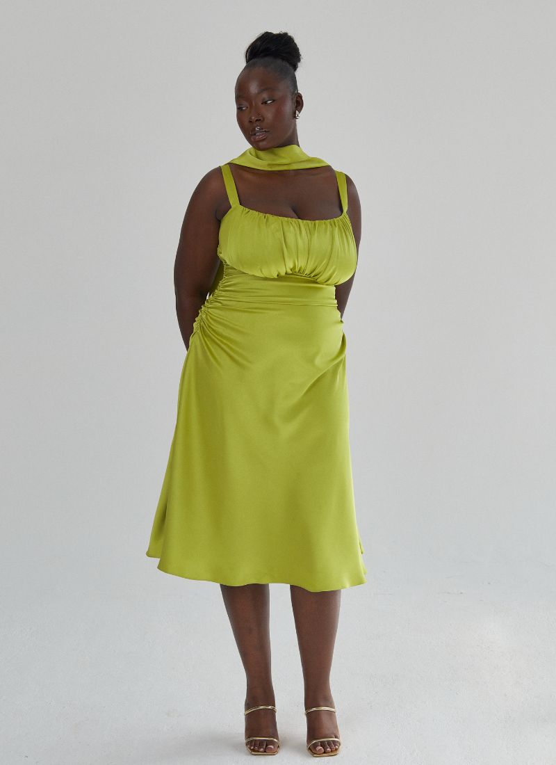 'Adrienne' Chartreuse Fuller Bust Satin Midi Dress