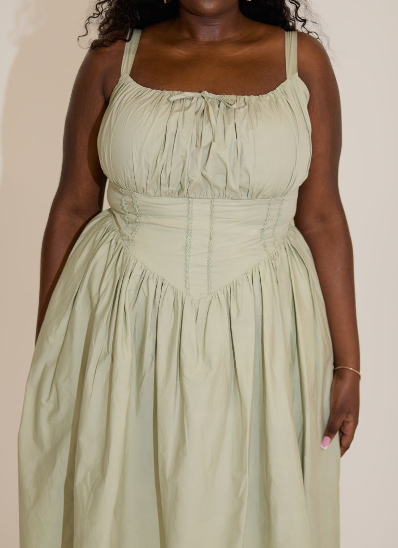 'Camille' Sage Fuller Bust Midi Cotton Dress