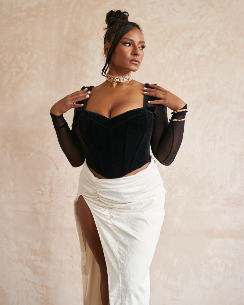 Mesh Sleeves, Sweetheart Neckline, Fuller Bust Corset Top.