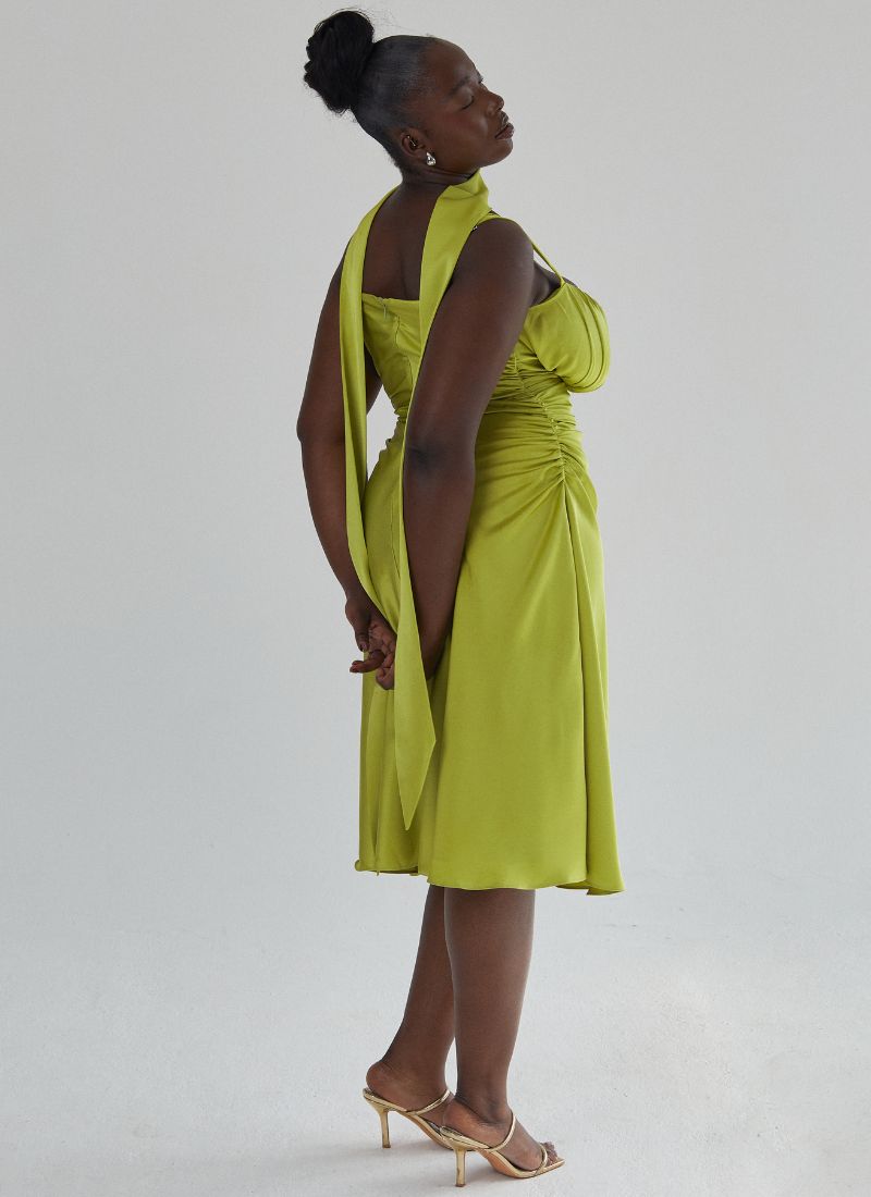 'Adrienne' Chartreuse Fuller Bust Satin Midi Dress