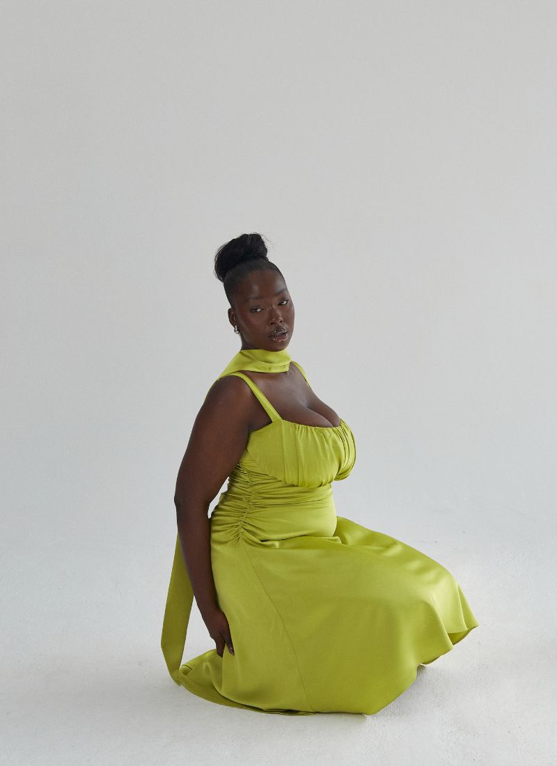 'Adrienne' Chartreuse Fuller Bust Satin Midi Dress