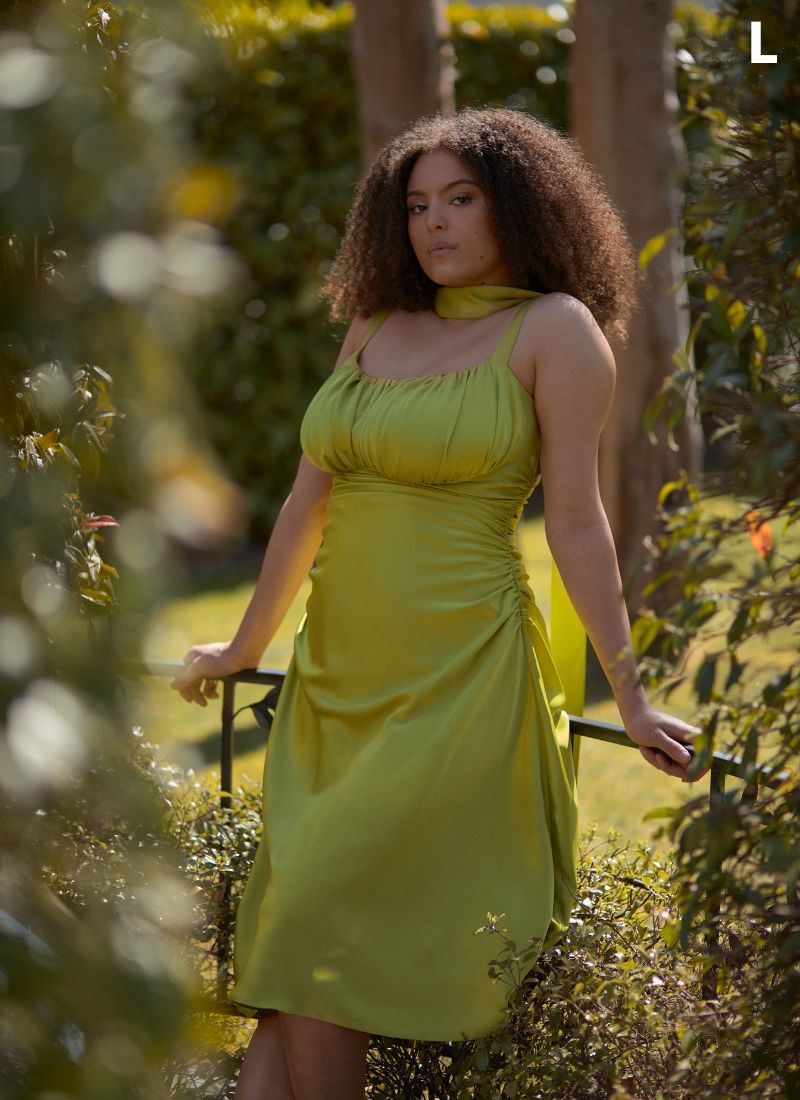 'Adrienne' Chartreuse Fuller Bust Satin Midi Dress