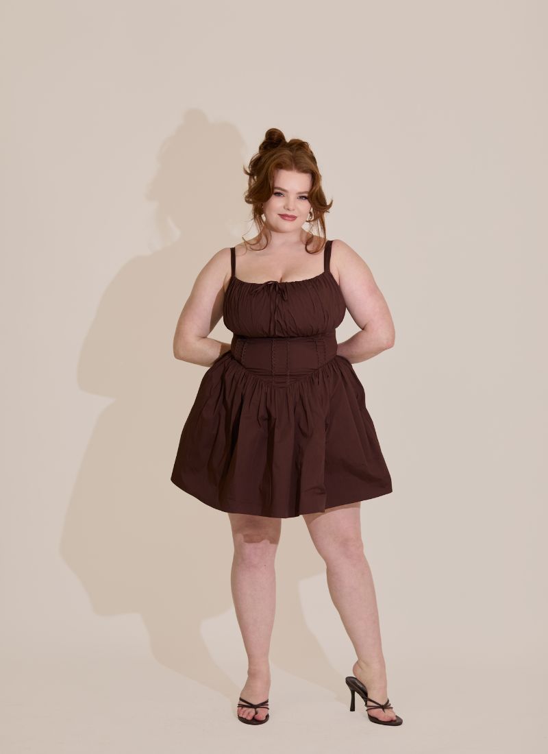 'Camille' Brown Fuller Bust Cotton Mini Dress