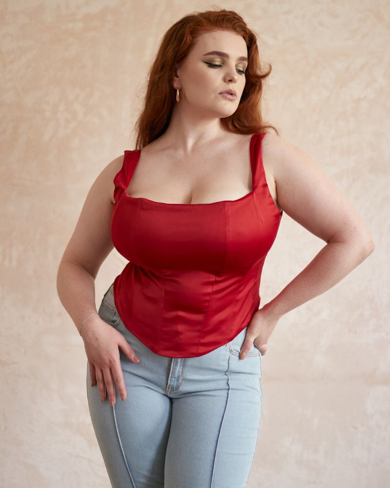 Red Satin Corset Top.