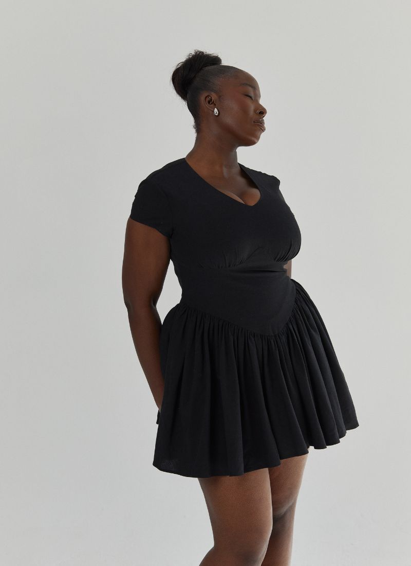 SAMPLE 'Alara' Black Fuller Bust Mini Linen Dress