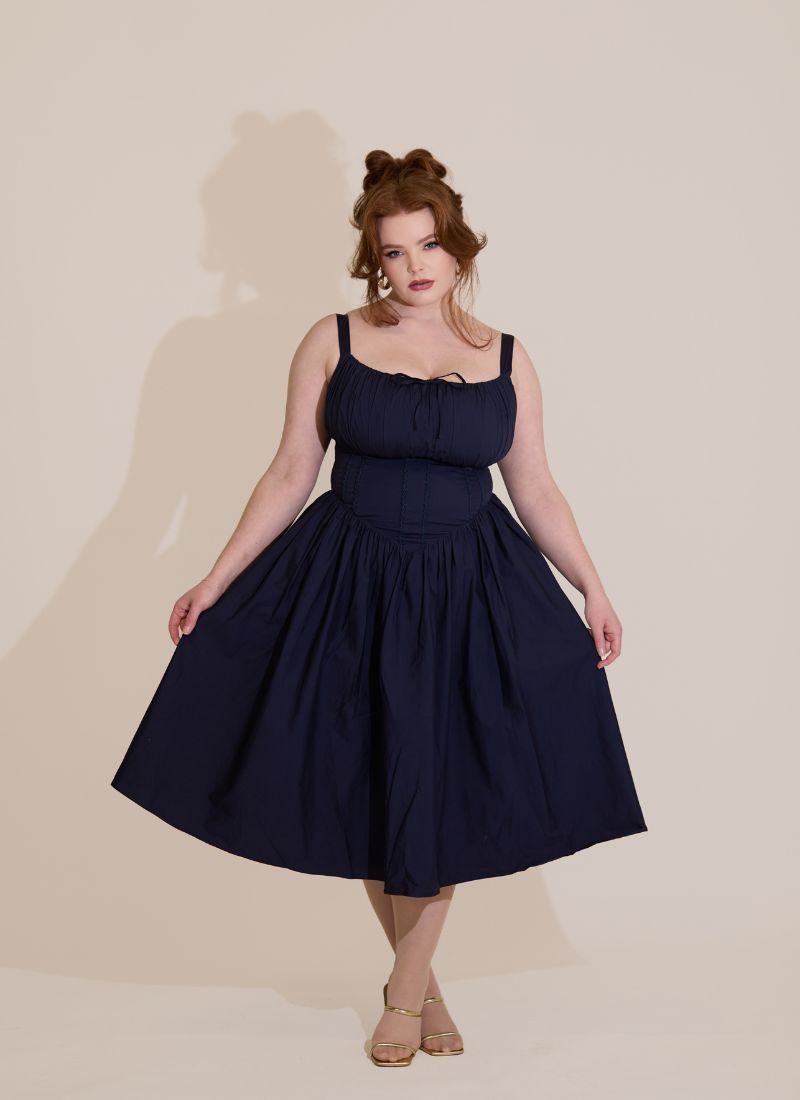 'Camille' Navy Fuller Bust Midi Cotton Dress