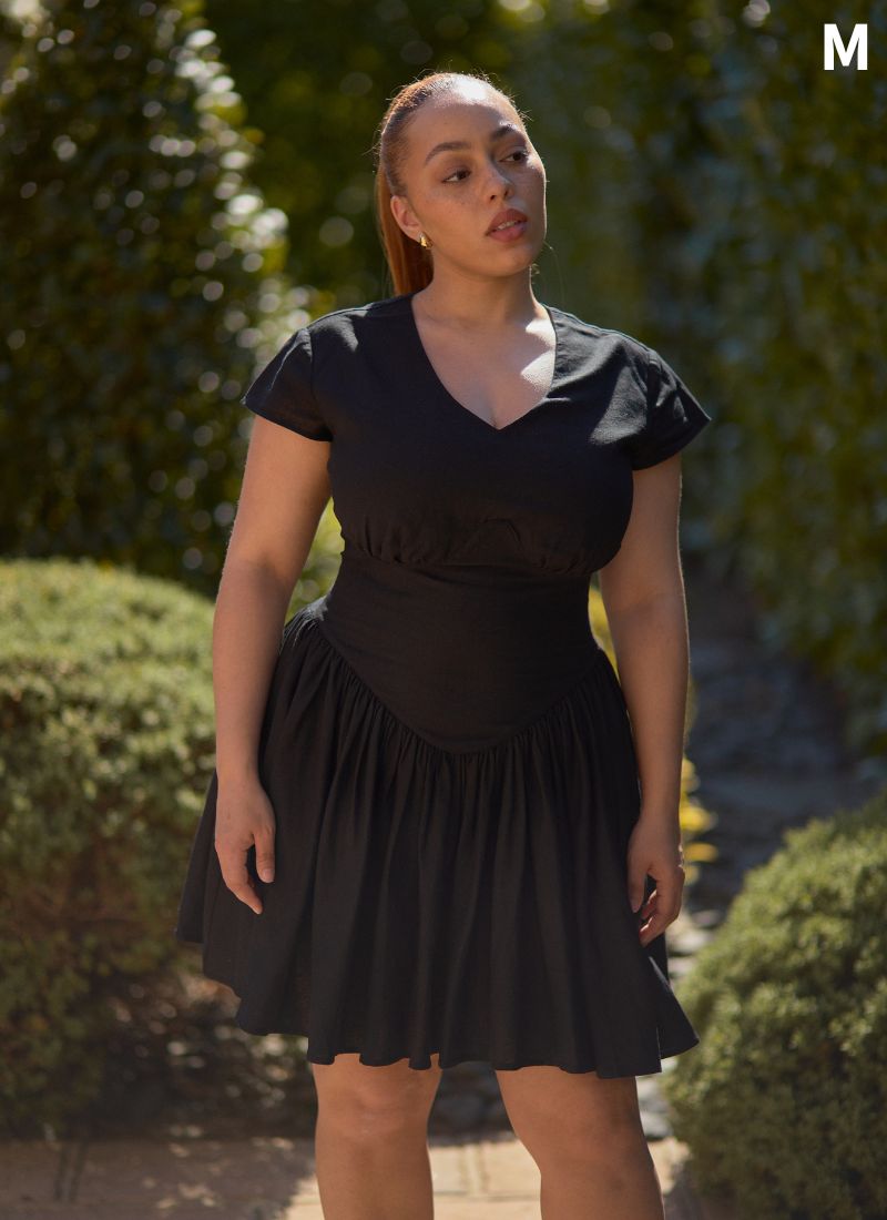 'Alara' Black Fuller Bust Mini Linen Dress