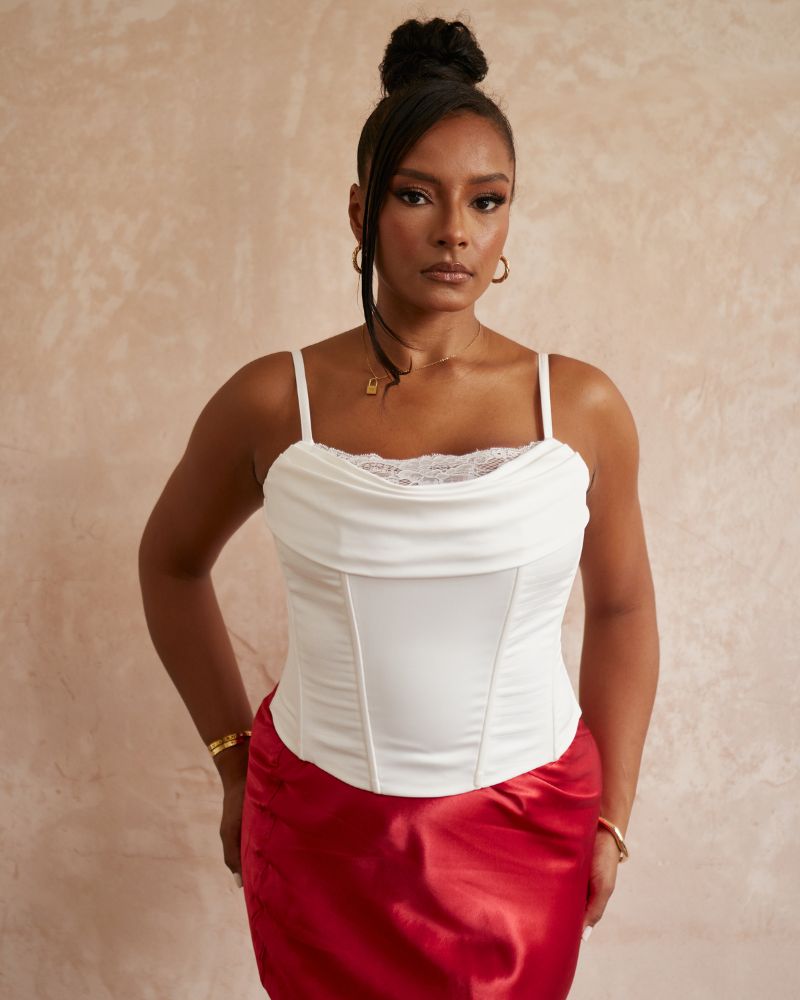 Astrid' White Fuller Bust Satin Corset Top With Cowl Neck