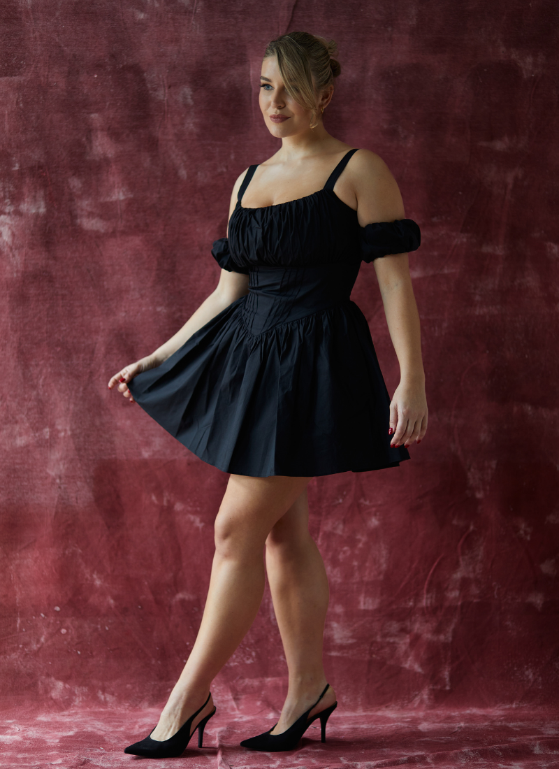 ‘Harper' Black Fuller Bust Mini Cotton Sundress