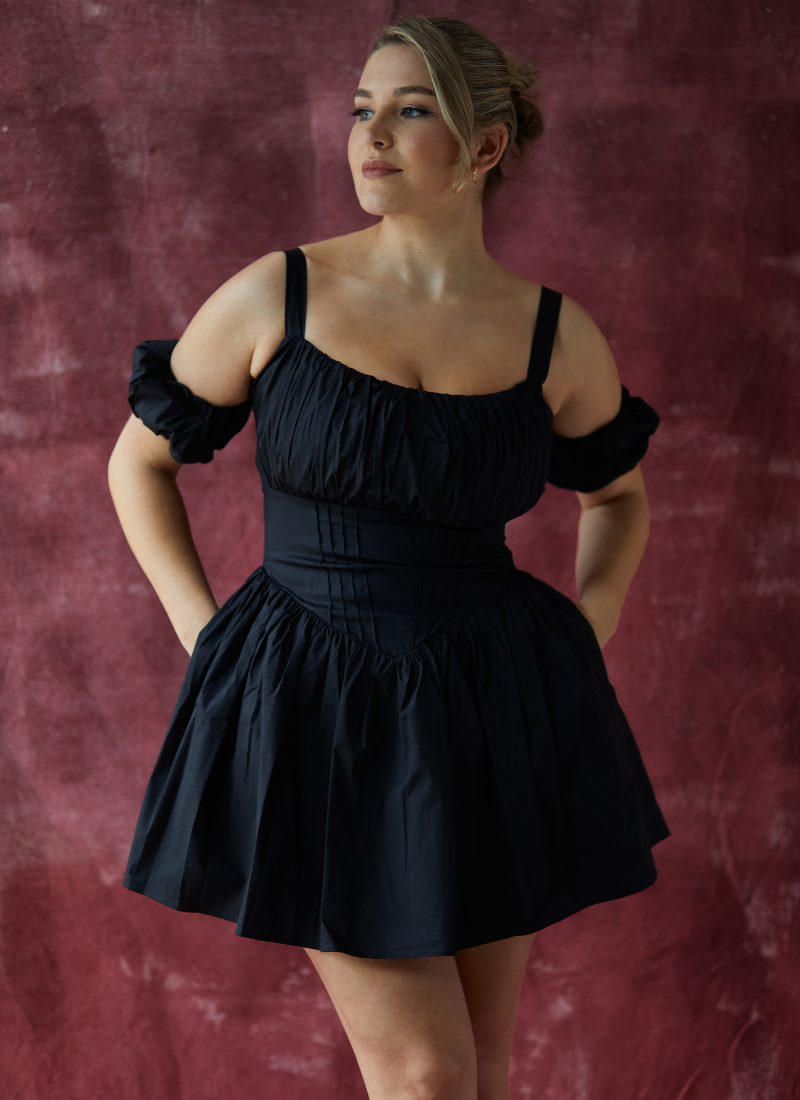 ‘Harper' Black Fuller Bust Mini Cotton Sundress