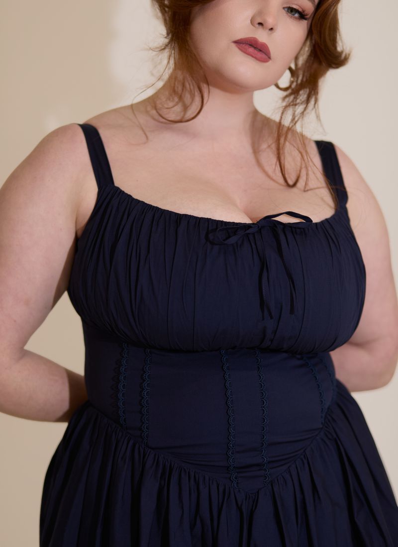 'Camille' Navy Fuller Bust Midi Cotton Dress
