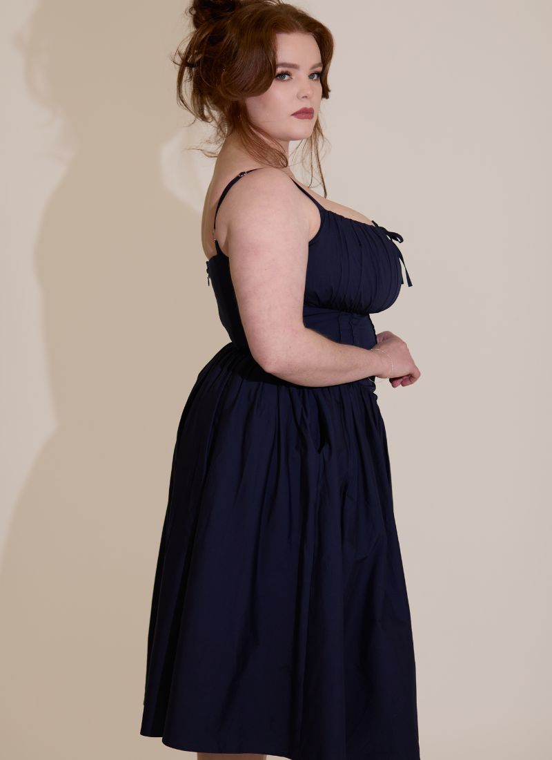 'Camille' Navy Fuller Bust Midi Cotton Dress