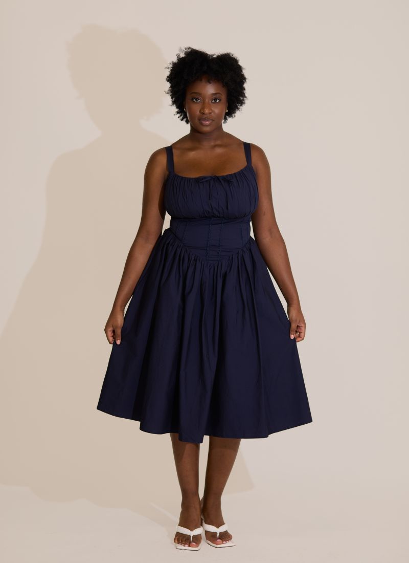 'Camille' Navy Fuller Bust Midi Cotton Dress