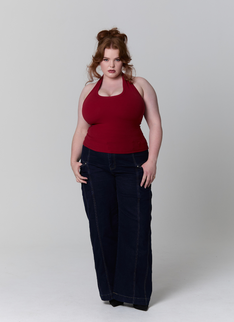 'Kiki' Deep Red Fuller Bust Cotton Ribbed Halter Tank