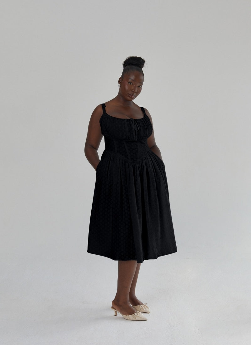 'Marie' Black Fuller Bust Midi Embroidery Dress