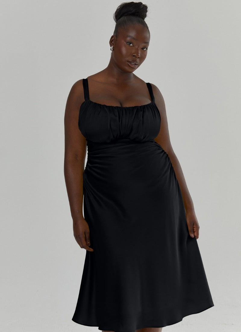 'Adrienne' Black Fuller Bust Satin Midi Dress