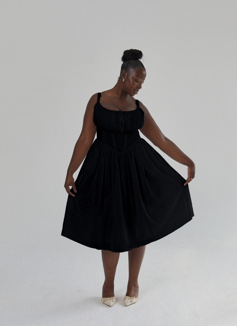 'Marie' Black Fuller Bust Midi Embroidery Dress