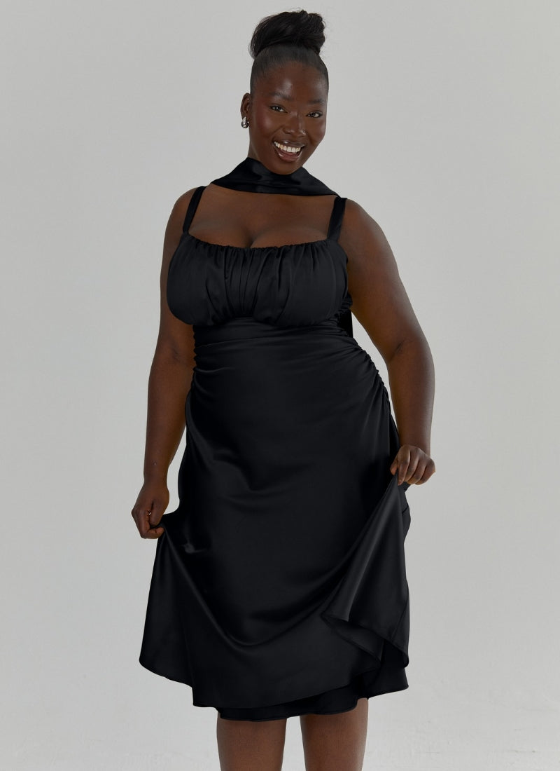 'Adrienne' Black Fuller Bust Satin Midi Dress