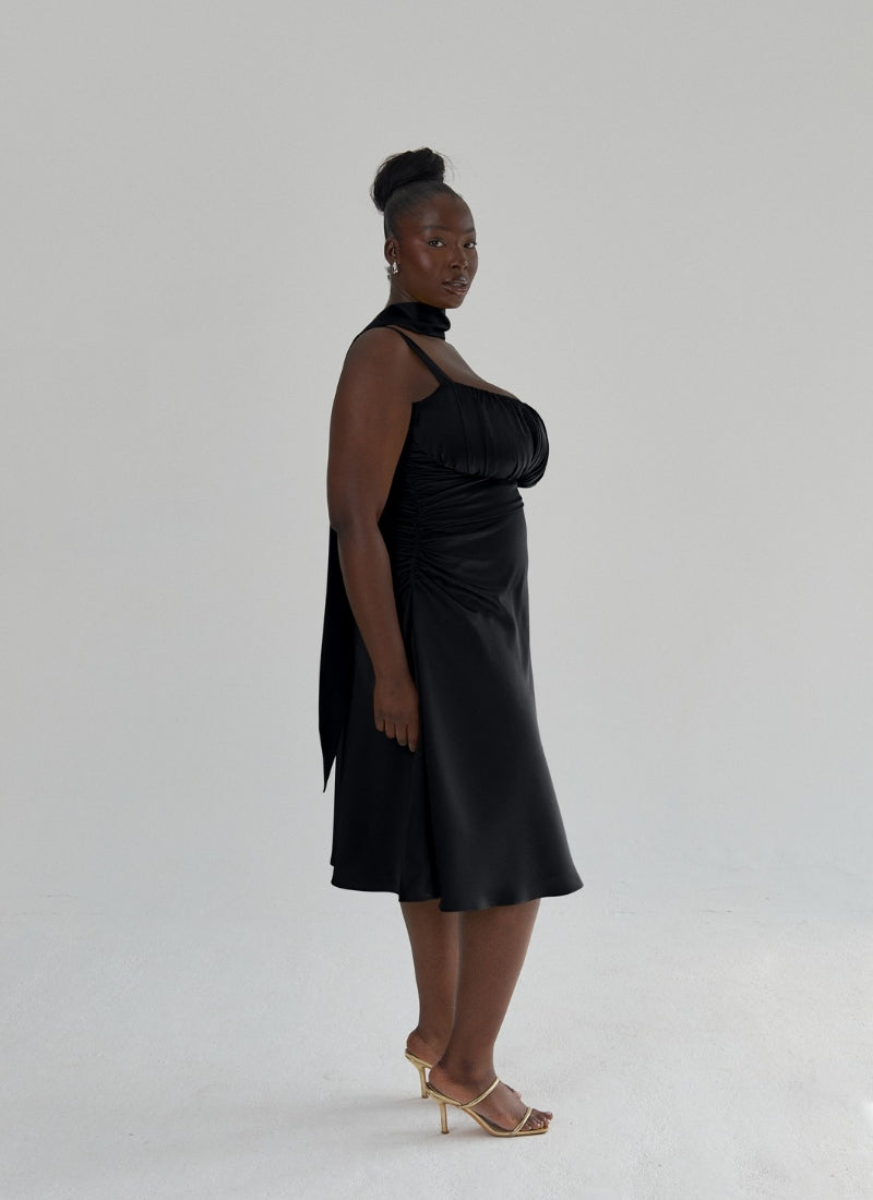 'Adrienne' Black Fuller Bust Satin Midi Dress