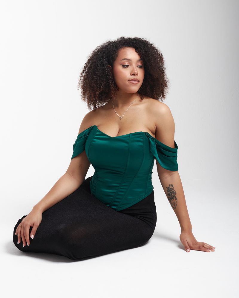 'Regina' Emerald Fuller Bust Off Shoulder Corset Top