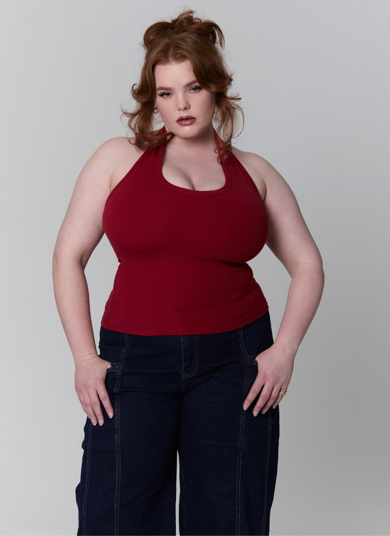 'Kiki' Deep Red Fuller Bust Cotton Ribbed Halter Tank