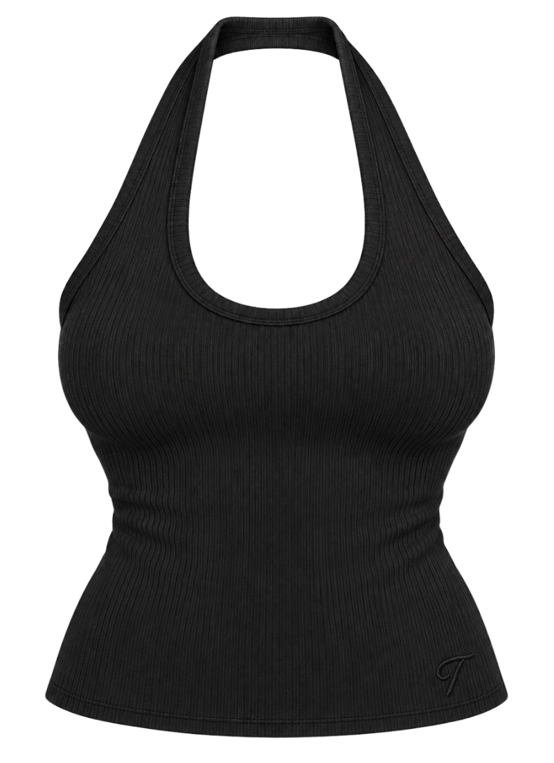 'Kiki' Black Fuller Bust Cotton Ribbed Halter Tank