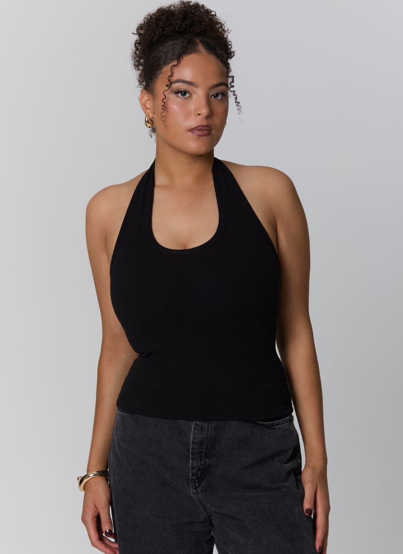 'Kiki' Black Fuller Bust Cotton Ribbed Halter Tank