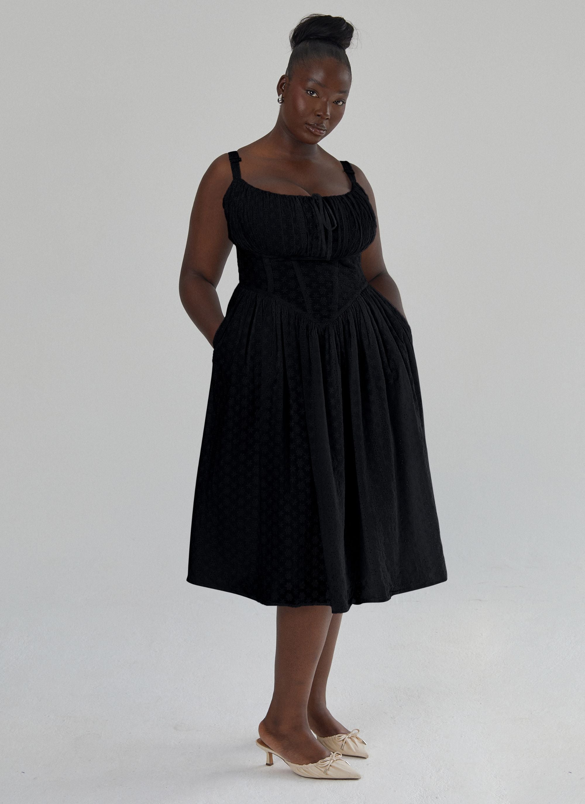 'Marie' Black Fuller Bust Midi Embroidery Dress