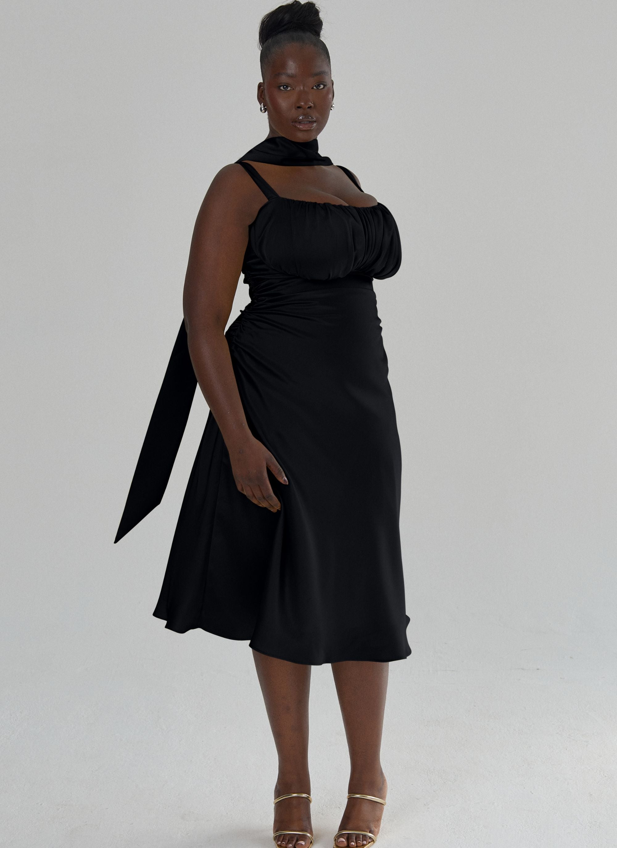 'Adrienne' Black Fuller Bust Satin Midi Dress