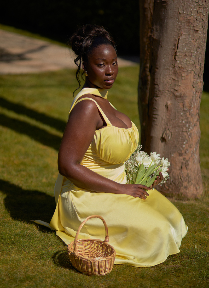 'Adrienne' Butter Yellow Fuller Bust Satin Midi Dress