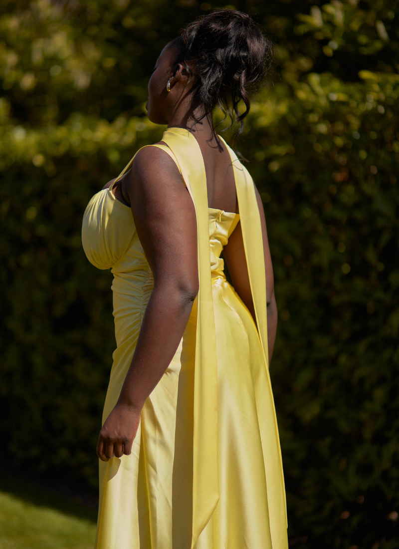 'Adrienne' Butter Yellow Fuller Bust Satin Midi Dress