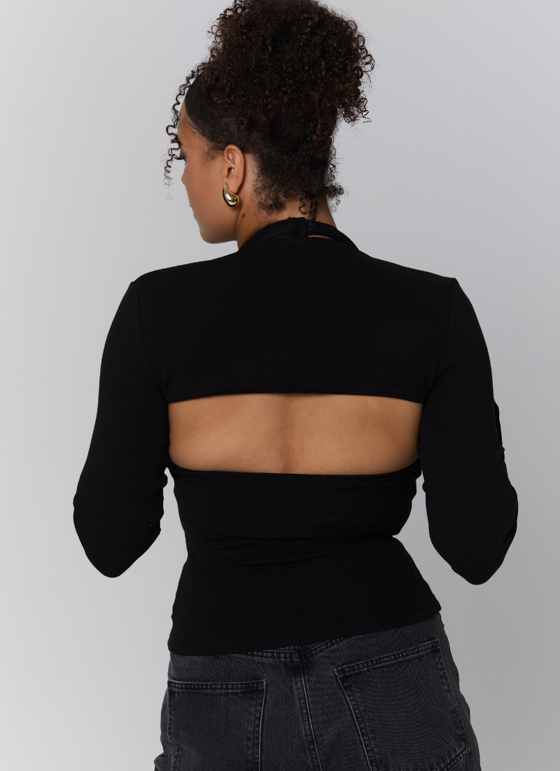 'Kiki' Black Long-Sleeve Ribbed Cotton Bolero Shrug