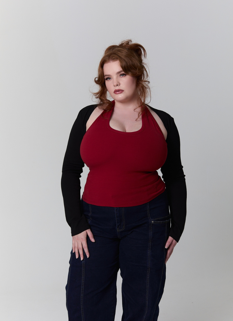 'Kiki' Black Long-Sleeve Ribbed Cotton Bolero Shrug