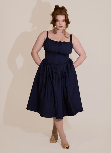 'Camille' Navy Fuller Bust Midi Cotton Dress