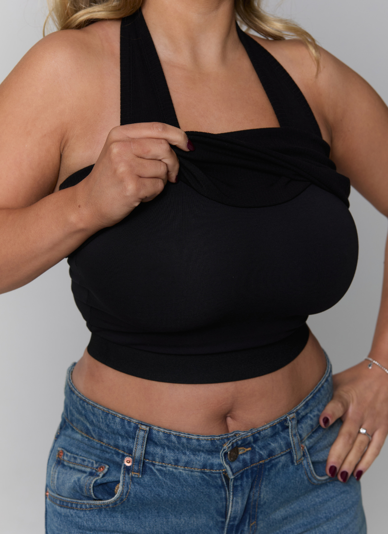 'Kiki' Black Fuller Bust Cotton Ribbed Halter Tank