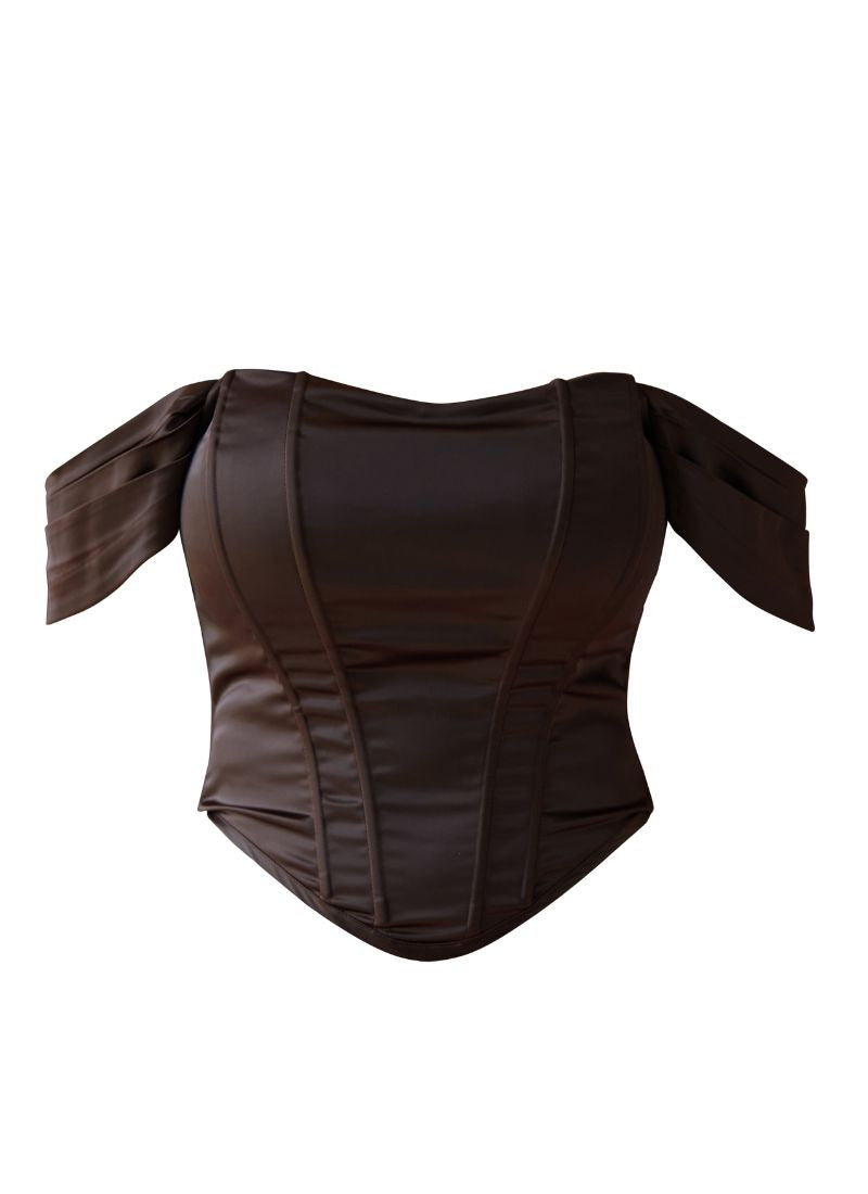 'Regina' Deep Chocolate Fuller Bust Off Shoulder Corset Top